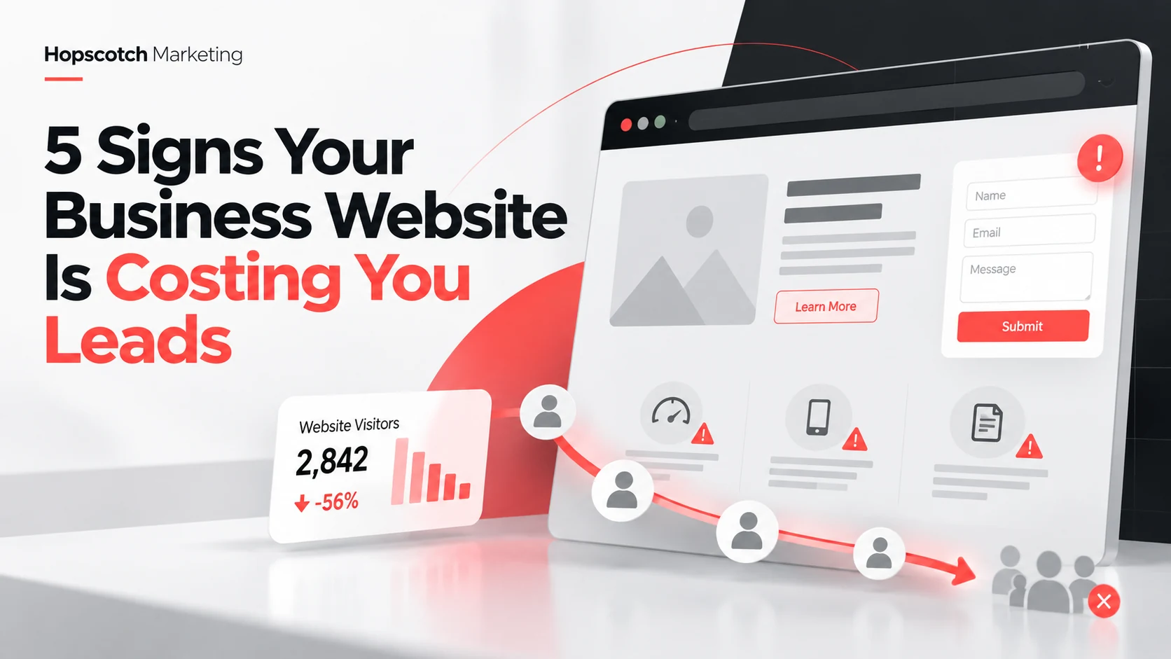 Business website interface showing potential design and conversion problems that cause lost leads