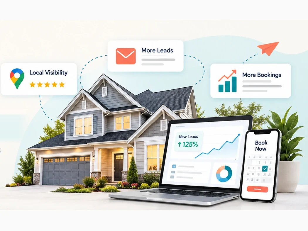 Home service marketing concept showing roofing, HVAC and plumbing professionals alongside local leads and booking analytics