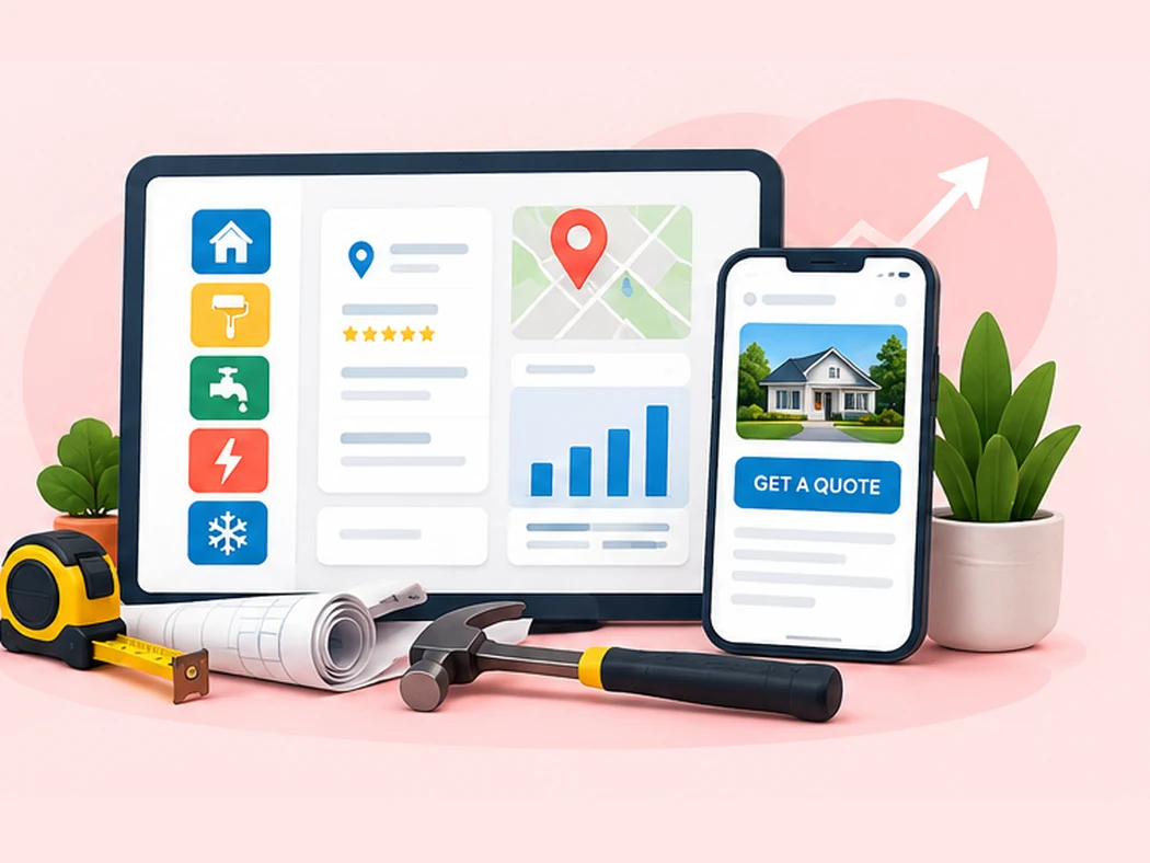 Local marketing workflow showing search optimization, review visibility, email campaigns, and a service business quote request