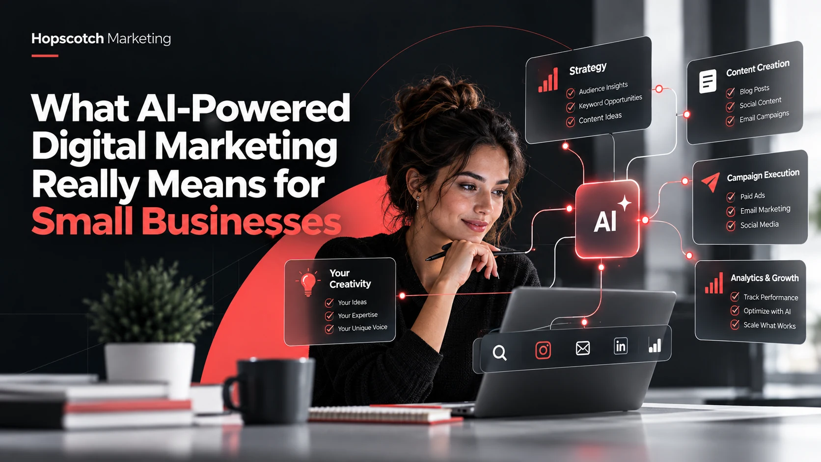 AI-powered marketing workflow combining human creativity, content strategy, and analytics for small businesses