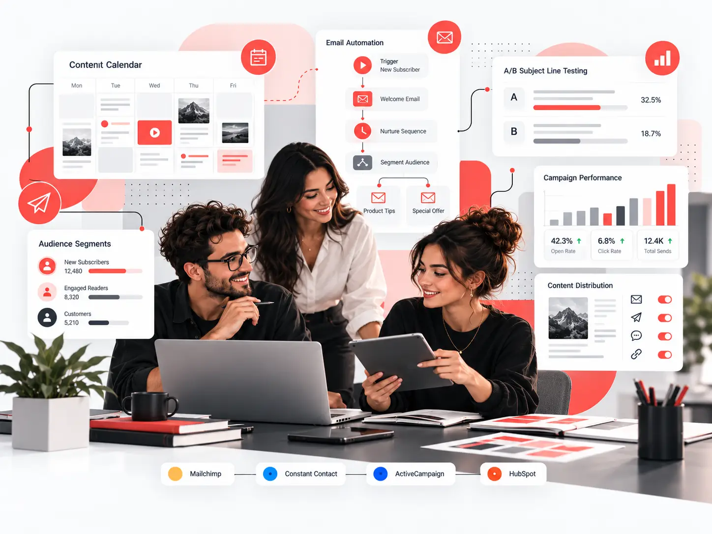 Illustrated email marketing workflow featuring content planning, automated customer follow-ups and campaign testing