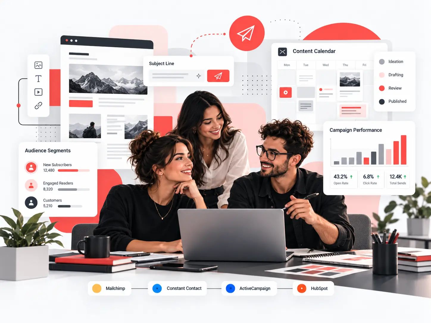 Creative marketing team developing email campaigns, content calendars, audience segments and performance reporting