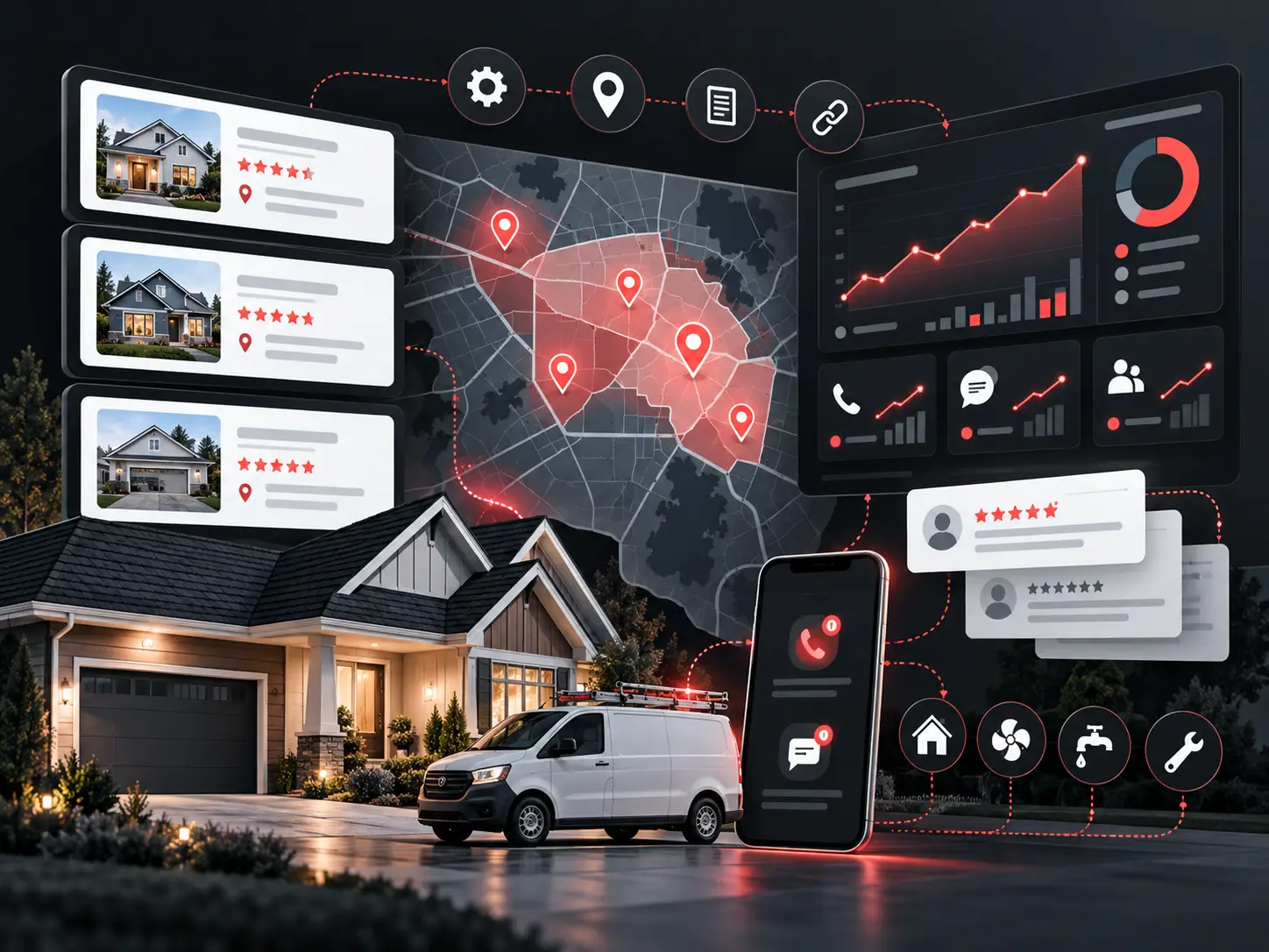Local SEO service-area map, customer reviews and performance dashboards illustrating Google Search and Maps visibility