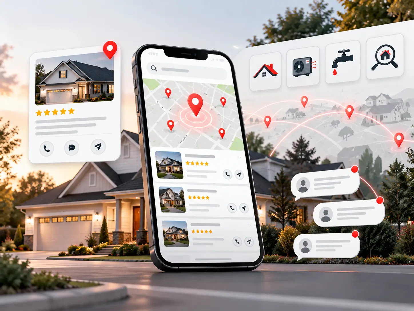 Smartphone displaying local search results and map pins for home service companies