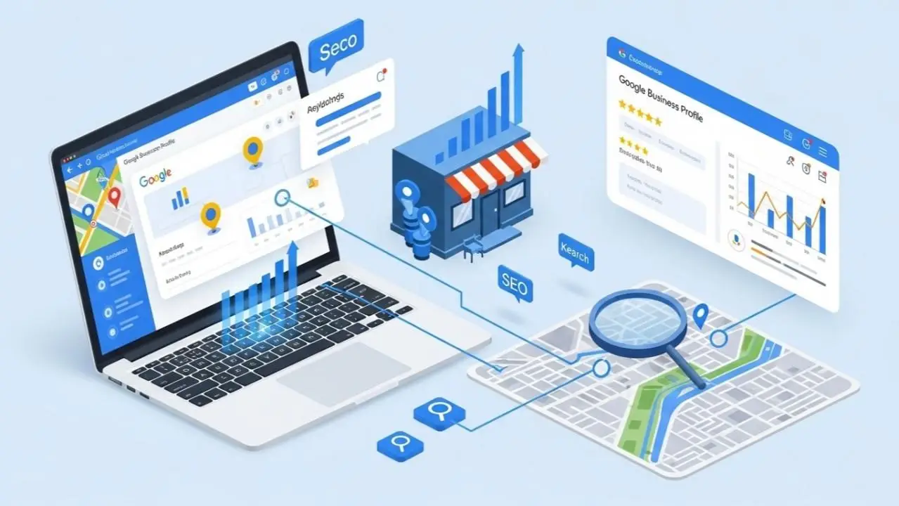 Strategic marketing workspace illustrating discovery, planning, AI-assisted execution and performance measurement