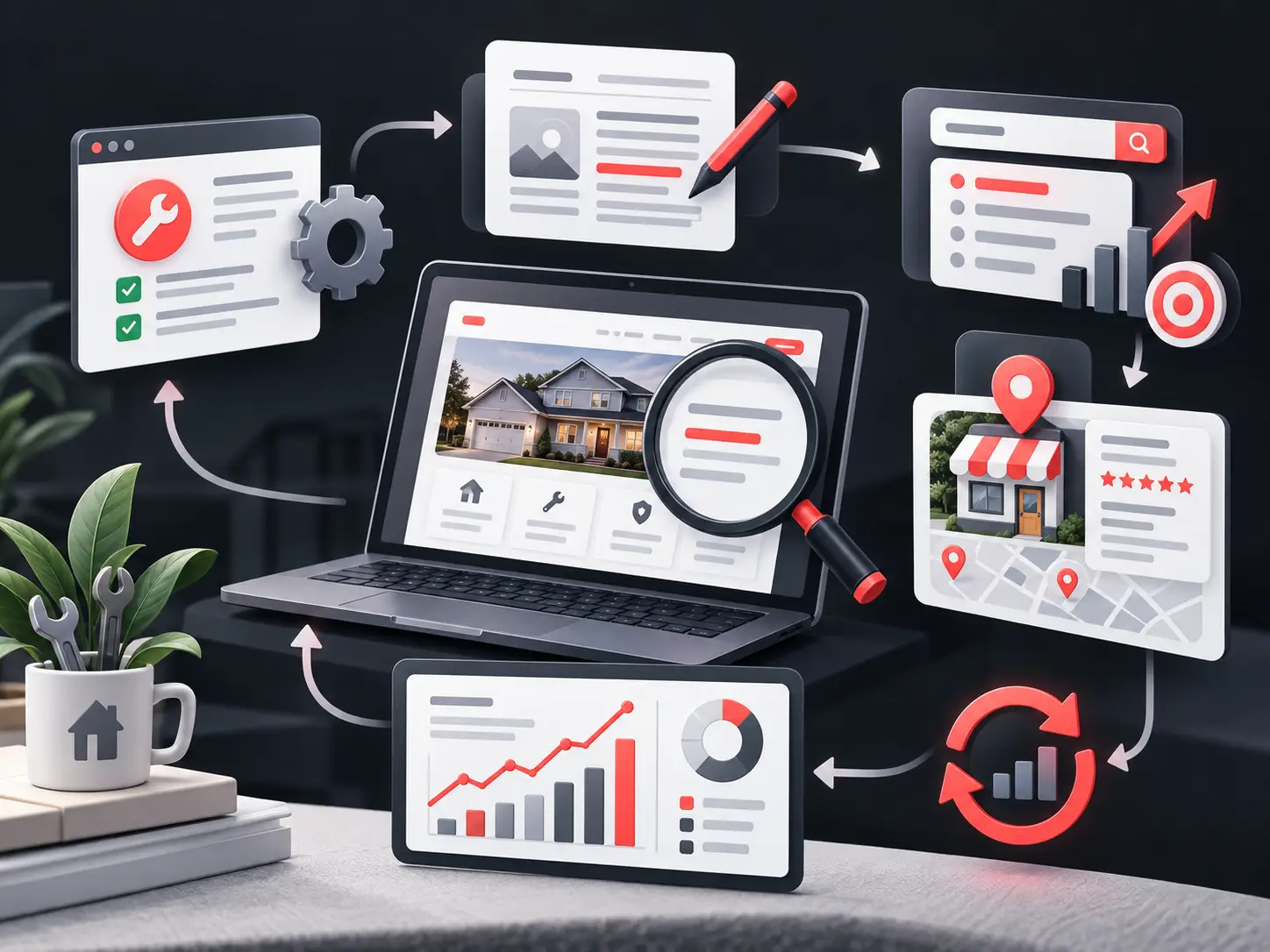 SEO audit and optimization workflow with website content, search results, local listings and performance reporting